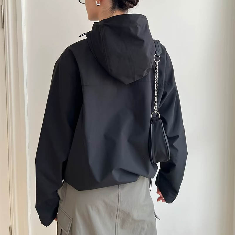 Loose Hooded Windbreaker Fashion Solid Color Zip-up Jacket Waterproof Windproof Sports Outwear For Women Clothing - Image 4