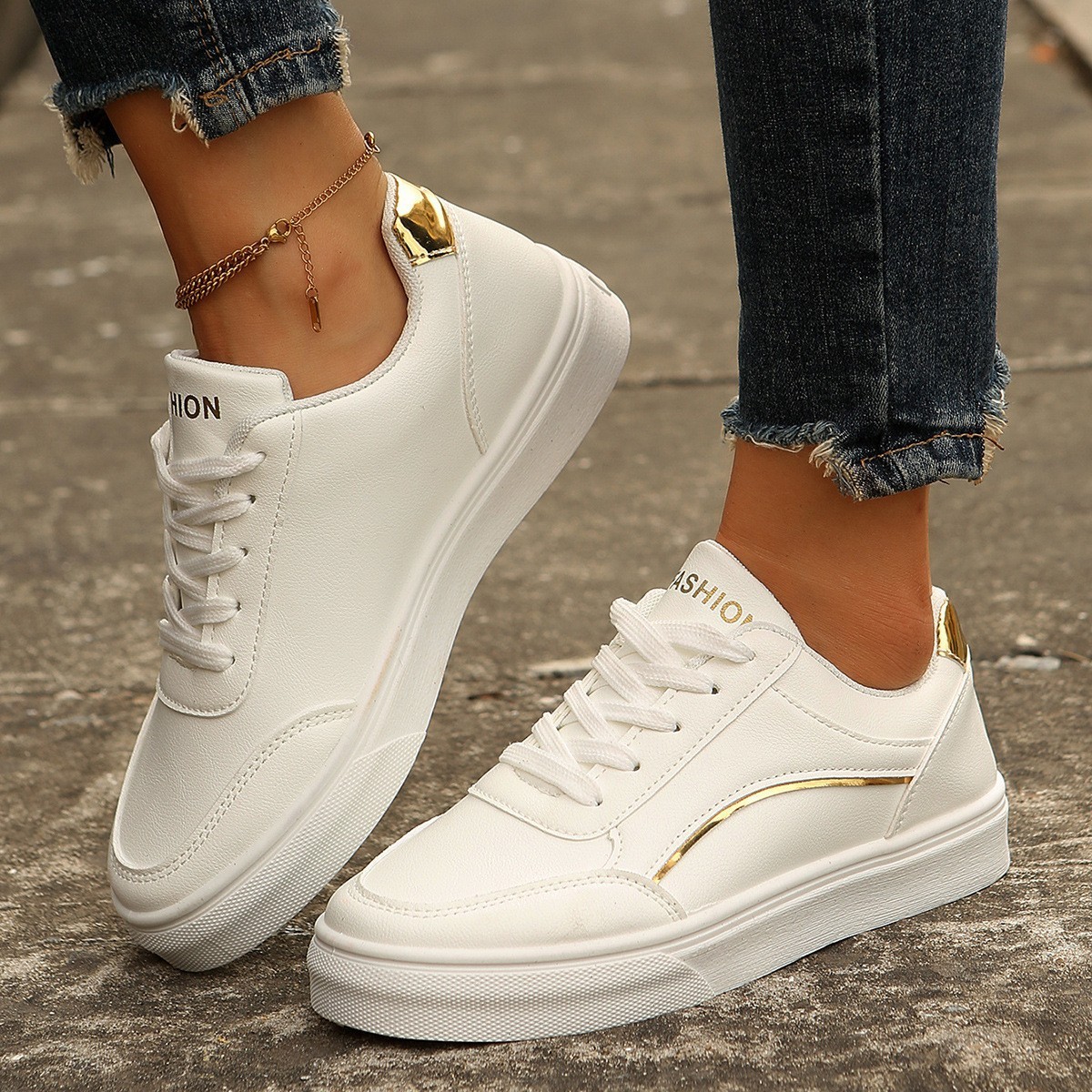 Lace-up White Flats Shoes Fashion Round Toe Slip-on Thick Sole Casual Shoes For Women - Image 4